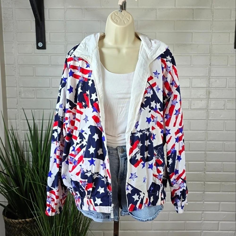 Vintage Liz Sport Patriotic Stars And Stripes Print Jacket Oversized Medium